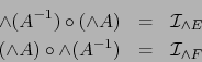 \begin{eqnarray*}
\land (A^{-1}) \circ (\land A) &=& {\cal I}_{\land E} \\
(\land A )\circ \land( A^{-1}) &=& {\cal I}_{\land F}
\end{eqnarray*}