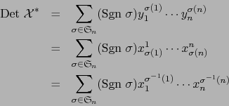 \begin{eqnarray*}
\mbox{\rm Det } {\cal X}^* &=& \sum_{\sigma \in {\frak S}_n} (...
...Sgn } \sigma) x_1^{\sigma^{-1} (1)} \cdots x_n^{\sigma^{-1} (n)}
\end{eqnarray*}